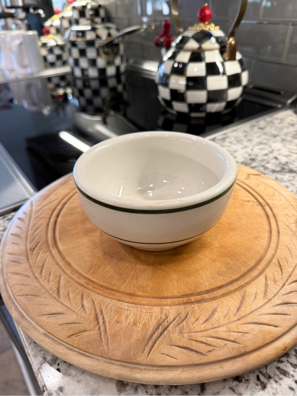 Vintage Thick Chunky White Restaurant Stoneware Bowl with Green Rim - Picture 6 of 16